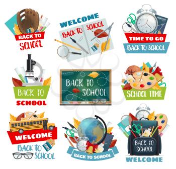 Welcome back to school posters for education season store sale. Vector class books and stationery blackboard, math calculator or geometry globe ans sport training ball for basketball or rugby