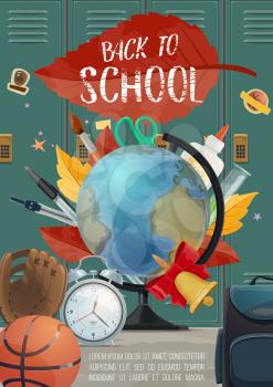 Back to school poster with chalk lettering on autumn leaf and locker background. Vector education and study stationery with books, globe, basketball sport training ball and alarm clock for sale season