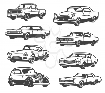Retro cars and vehicle types. Vector isolated icons of vintage transport taxi cab, sport car or limousine and old pickup truck or luxury premium sedan, auto service theme design