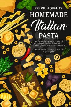 Italian pasta cuisine, pasta cooking. Vector spaghetti, ravioli or gnocchi, macaroni and fettuccine, farfalle pasta with basil and pepper ingredients for Italy restaurant menu or recipe theme