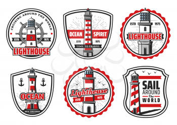 Lighthouse at sea or ocean icons for seafarer safe sailing and travel adventure. Vector nautical symbols of ship anchor and helm for safety light beacon for sailor navigation and sailor sea spirit