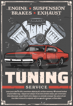 Car tuning service and auto mechanic repair center poster. Vector vintage design of retro advertisement for automobile transport engine valves and motor diagnostic in garage station