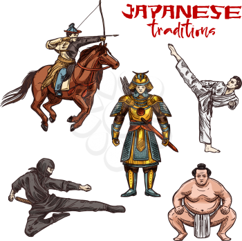 Japanese martial arts of samurai, ninja or sumo and karate or judo. Vector Japan fight culture symbols of traditional archery with weapon and warrior or fighter