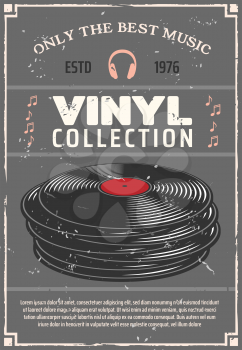 Vinyl retro poster for music shop or audio appliances of players, earphones or headphones and audio systems. Vector vintage advertisement design vinyl disks and musical notes