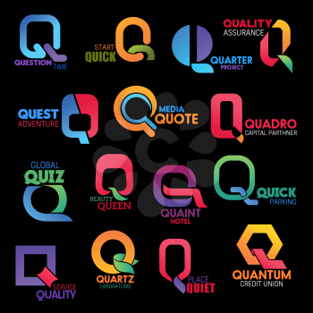 Letter Q for corporate identity or company design. Vector Q for question, quick or quarter and quality quest, queen or quantum and quartz brand name and industry