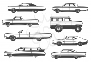 Retro cars and vintage rarity automobile models. Vector luxury limousine or cabriolet with retractable top, crossover pickup truck and sport car sedan or wagon in thin line icons