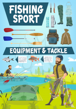 Fishing sport cartoon poster of fisher man with equipment and tackles. Vector fisherman with fish catch in net or in rubber boat with rods and paddles, waders and thermos or haversack and knife