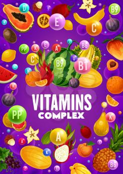 Vitamins content of fruits and berries. Vector tropical mango, orange and banana, watermelon, papaya and exotic durian, grapes, fig and pineapple, lemon, peach and pear fruits health benefits design