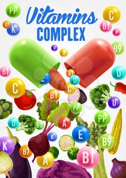 Vitamins and health benefits of vegetables vector design. Broccoli, pepper and potato, cabbage, tomato and eggplant, asparagus, radish and beet veggies. Vegetarian nutrition, healthy diet food themes