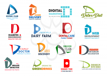 Corporate identity letter D business icons. Vector hobby and delivery, marketing and nutrition, medicine and food, dentistry and developement. Science and transport, design and investigation, drink