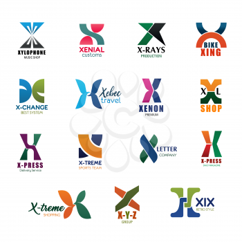 Letter X icons for business. Xylophone and xenial, x-ray and xing, x-change and xebec, xenon and XL shop, x-press and x-treme, X Y Z group and XIX retro style symbols or signs vector isolated