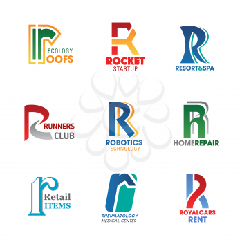 Business identity icons, letter R. Vector ecology roofs, rocket startup, resort and recreation. Runners sport club. Robotic technologies and repairs, retail and rheymatology medicine, car rent