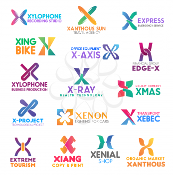 Corporate identity letter X business icons. Music and travel, aid and transport, equipment, finance and production, health, entertainment and technology, shopping. Vector emblems, signs and symbols