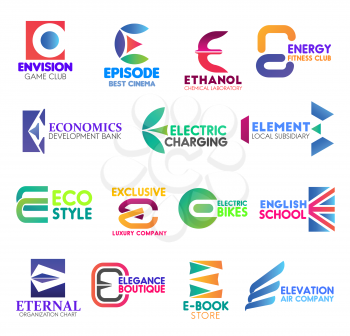 Corporate identity letter E business icons. Vector gaming and entertainment, science, sport and banking, electricity and finance. Ecology and transport, education and statistics, fashion and shopping