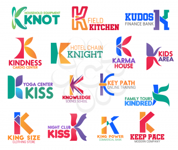 Corporate identity letter K business icons. Vector household and food, finance and medicine, recreation and entertainment. Sport and education, training and travel, fashion and banking isolated