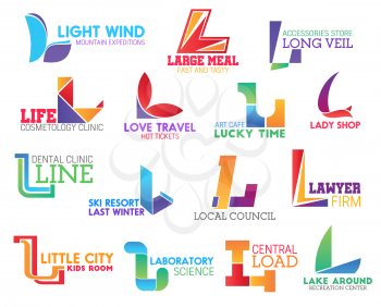 Corporate identity letter L business icons. Vector travel and food, accessory and beauty, shopping and medicine, recreation and jurisprudence, science. Vector emblems, signs and symbols isolated