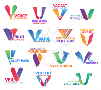 Corporate identity letter V business icons. Entertainment and design, travel, food and fashion, banking, extreme and environment, charity, sport and shopping, ecology. Vector emblems, signs or symbols