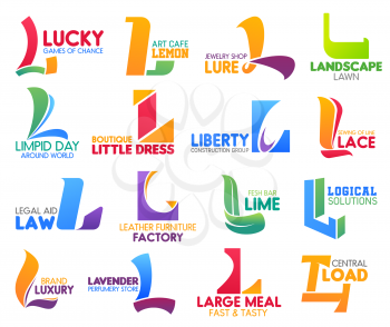 Corporate identity letter L business icons. Gambling and art, jewelry, landscape and travel, fashion, sewing and law, factory and drink, perfumery and food, shipping. Vector emblems, signs or symbols
