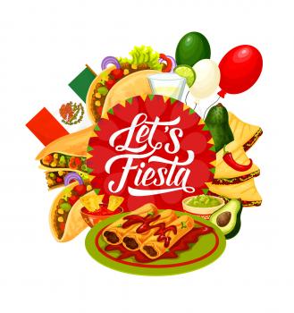 Mexican fiesta party food and drink vector design of Cinco de Mayo holiday greeting card. Flag of Mexico, tacos and burritos with avocado guacamole and chilli tomato sauce, tequila margarita, balloons