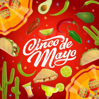 Cinco de Mayo Mexican holiday vector greeting card with mariachi maracas and fiesta party food. Tequila margarita, chilli peppers and cactus, avocado, tacos, lime and Latin American festival dress