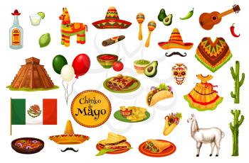 Cinco de Mayo Mexican holiday carnival icons, Mexico culture symbols. Vector Mexican flag, traditional Cinco de Mayo food burrito and quesadilla with avocado guacamole, poncho and sombrero