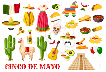 Cinco de Mayo celebration icons, Mexican holiday fiesta traditional symbols. Vector Mexico flag balloons, sombrero and poncho with Mexican cactus tequila, guitar and avocado, burrito and churros