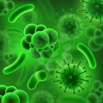 Bacteria and germs or viruses, virology and microbiology science research 3D background. Microorganisms in liquid of round and oblong shapes. Microscopic harmful or healthy bodies or cells vector