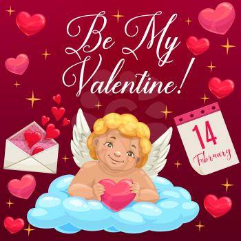 Valentines Day Cupid and love letter vector greeting card. Amur on cloud with hearts, angel wings and calendar, envelope and sparkles. Holiday of romantic love and attraction celebration design