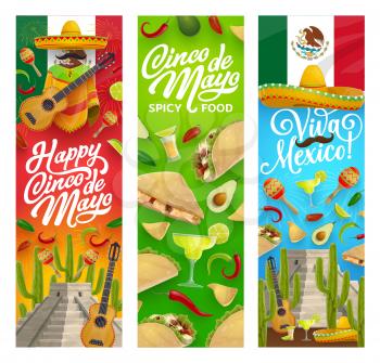 Cinco de Mayo Mexican holiday vector greeting banners with fiesta party food, drinks, sombrero and guitar. Tequila margarita, cactus and chili, mariachi maracas, moustache and hat, tacos, nachos, lime
