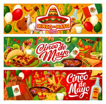 Cinco de Mayo happy holiday in Mexico and traditional fiesta celebration. Vector Cinco de Mayo party food burrito and tacos, tequila with lime and Mexican flag balloon with pinata and Maya pyramid