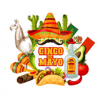 Mexican fiesta party sombrero, moustaches and maracas vector design of Cinco de Mayo holiday greeting card. Flag of Mexico, cactus and tequila, chilli, tacos and avocado, alpaca and cigar