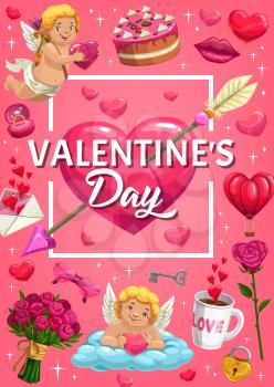Valentines Day heart with love arrow vector greeting card of romantic holiday design. Wedding ring, love letter envelope and chocolate cake, candies, rose flower bouquet and Cupids, kiss lips and key