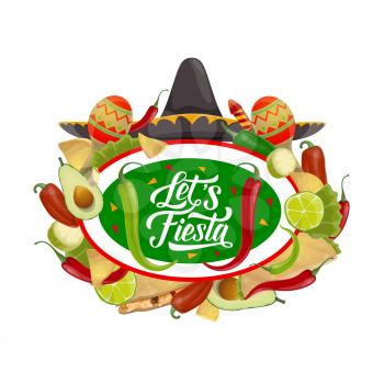 Mexican fiesta party sombrero, maracas and food vector greeting card of Cinco de Mayo holiday. Chili tacos, nachos and avocado, lime, corn tortilla and jalapeno pepper, mariachi hat and fireworks