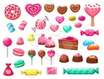 Valentines Day sweets vector icons of romantic love holiday gifts. Chocolate cake, heart shaped candies, lollipops and jellies, marshmallow, cupcakes and macarons, donuts, ice cream and caramel