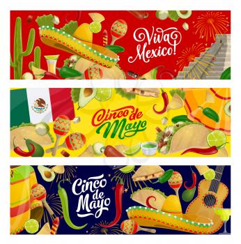 Mexican Cinco de Mayo holiday vector design with sombrero, maracas and guitar. Fiesta party tequila margarita, cactus and chilli, flag of Mexico, tacos, nachos and avocado guacamole greeting banners