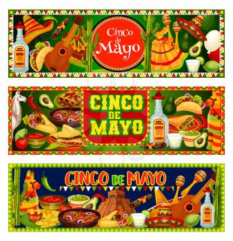 Cinco de Mayo Mexican holiday vector greeting banners with fiesta party sombrero, guitar and maracas. Tequila margarita, cactus and pinata, chilli tacos, nachos and burrito, avocado and tomato sauce