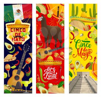Cinco de Mayo greetings and celebration symbols, Mexico holiday fiesta decorations. Vector Cinco de Mayo traditional party guitar, sombrero and tequila, avocado and maracas in flags and fireworks