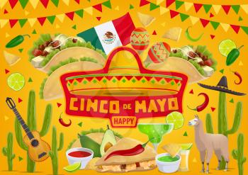 Cinco de Mayo fiesta symbols and traditional celebration food. Vector Mexico flag, sombrero and poncho with avocado guacamole and Cinco de Mayo maracas, tequila, jalapeno and chili pepper
