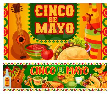 Cinco de Mayo Mexican holiday food, mariachi guitar and maracas vector greeting cards. Fiesta party tequila margarita, chilli tacos and nachos, pinata, avocado guacamole and tomato sauce