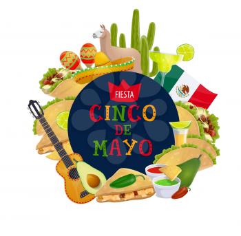 Cinco de Mayo traditional Mexico holiday and 5 May fiesta celebration. Vector Cinco de Mayo food and party symbols, guitar with tequila lime and tacos, Mexico flag and avocado guacamole