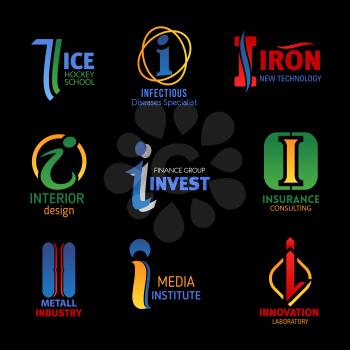Letter I icons of ice hockey sport school, infectious disease clinic and iron gym. Vector corporate identity I symbols of finance invest group, insurance consulting and metal industry
