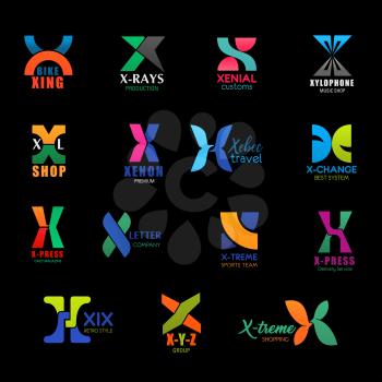 Letter X icons and corporate identity symbols of music shop, travel agency or premium brand store. Vector X signs of X-ray, XXL or xenon technology and extreme sport club and express delivery service