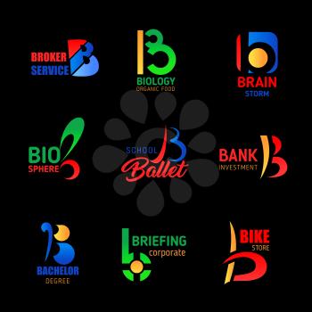 Letter B icons in service, finance and education. Vector corporate identity B symbols of broker agency, ballet dance school or bank investment industry and bachelor education school or university