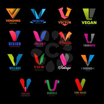 Letter V icons of company and brand business corporate identity. Vector V symbols of vending industry, vacation rental service or advertising company and spa center, medical clinic and video studio