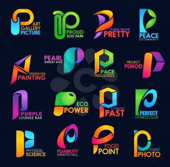 Corporate identity icons letter P business templates. Art and environment, decor and ecology, jewelry and shopping. Peace and power, sport and physical science, food and photo industries vector