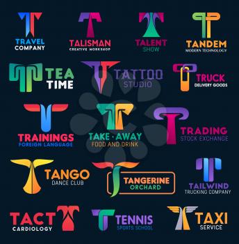 Corporate identity letter T icons, tattoo studio or trade stock exchange business company and taxi service sign. Vector T creative group, travel agency and delivery logistics or tennis sport club