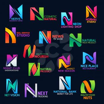 N icons of medical diagnostic center, natural cosmetic brand shop or nail service studio and news tv show. Corporate identity vector letter N symbols of restaurant, night club or lightning store