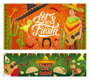 Cinco de Mayo fiesta party vector invitations with Mexican guitars, sombrero and mariachi maracas. Latin American holiday tequila margarita, cactus and chilli, tacos, nachos and avocado with fireworks