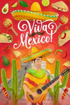 Mexican holiday mariachi with sombrero, guitar and cactus, Viva Mexico vector greeting card design. Cinco de Mayo hat, maracas and chili, tacos, nachos and avocado, corn tortilla, lime and firework