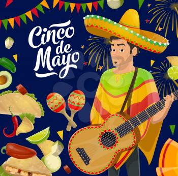 Cinco de Mayo fiesta mariachi with sombrero, guitar, maracas and food vector design of Mexican holiday. Chilli, tacos and nachos, avocado, lime and jalapeno pepper, festive fireworks and flags garland